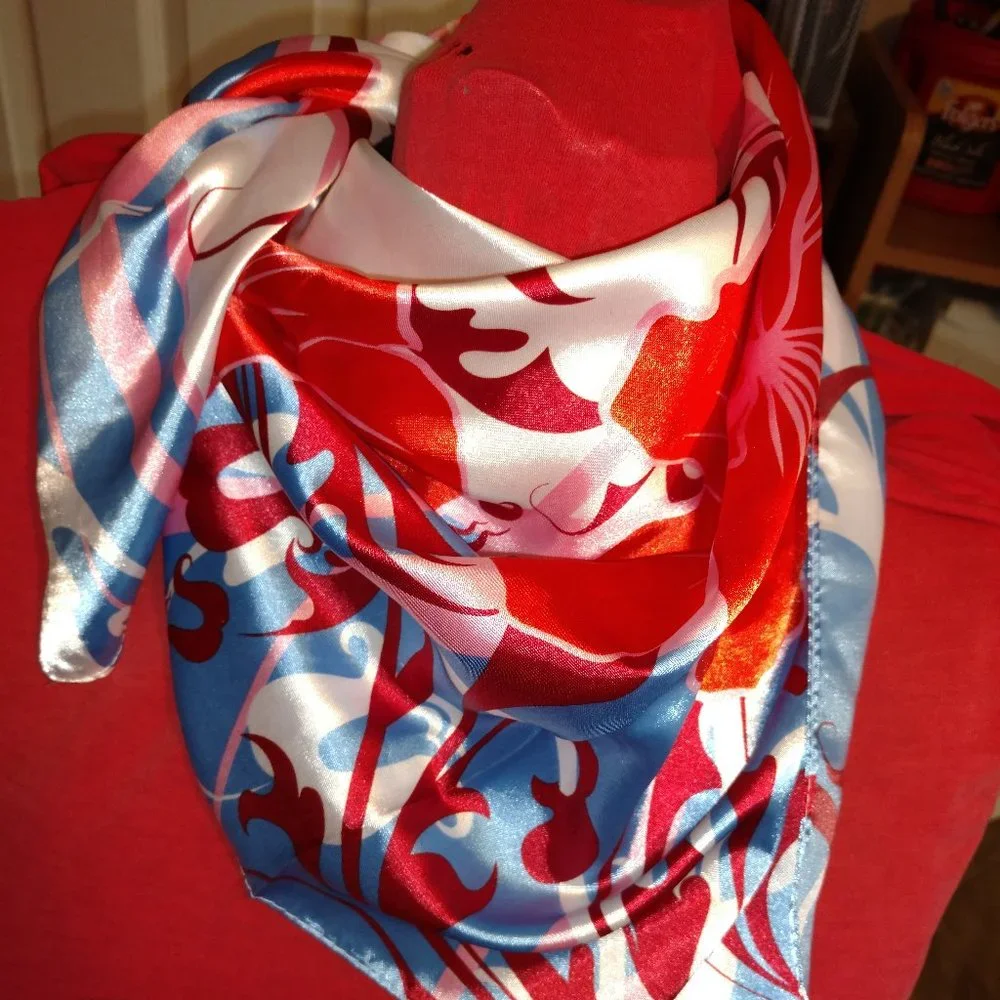 White Silky Red Flower Print Scarf